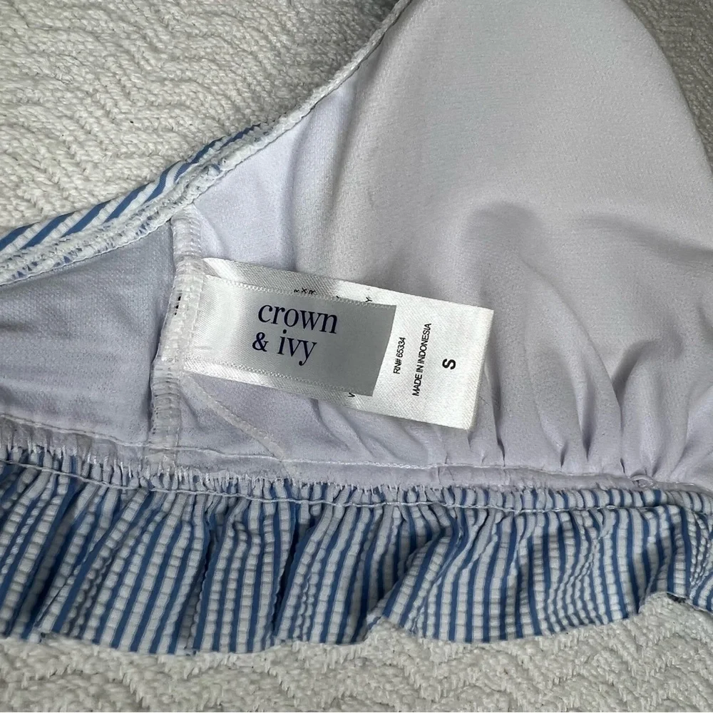 crown & ivy / light blue and white striped ruffled seersucker bikini size small - Picture 6 of 8